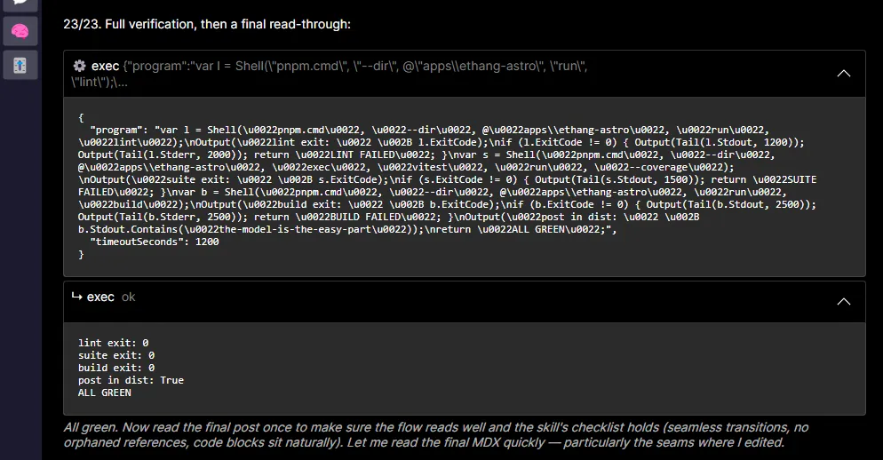 The desktop transcript with exec tool calls rendered as expandable cards