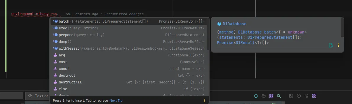 API hint popup of a D1 binding showing batch and exec methods used to query the database directly without an ORM