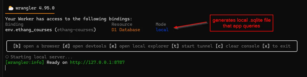 Connected to a D1 database via a local service binding