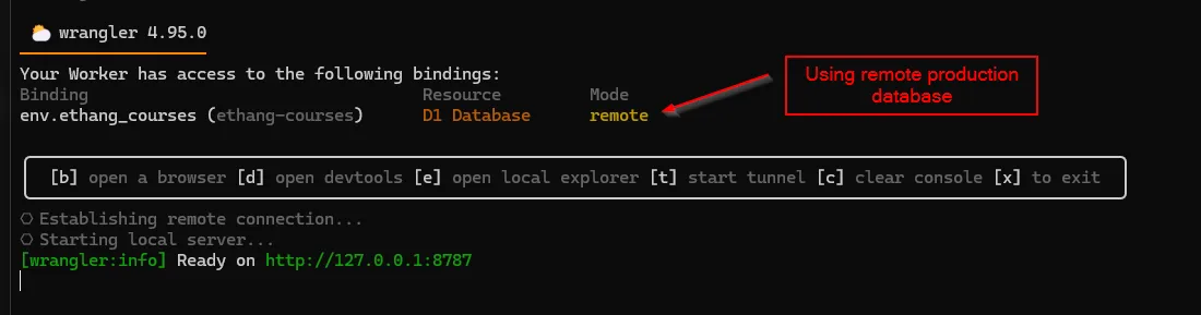 Connected to a D1 database via a remote service binding