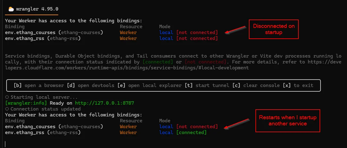 gateway service showing two local bindings not connected and restarting when one of them starts up locally