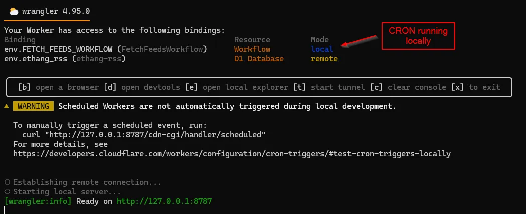 A binding showing a Worfklow running on a 15 minute cron in the local environment.
