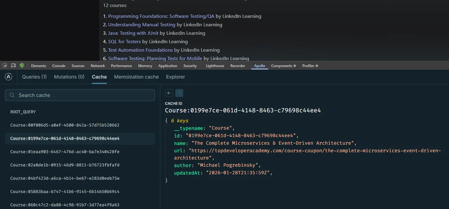 Apollo devtools showing a single course item in cache which came from a larger query