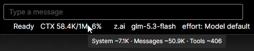 The status bar showing a live context utilization readout for the open session